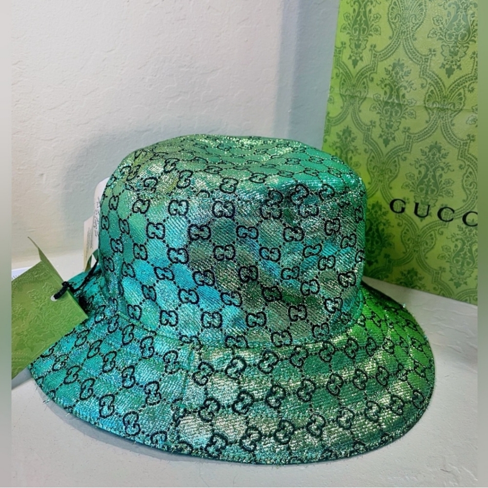 NWT Gucci Metallic Reversable Iridescent Green GG Bucket Hat Size Large - Picture 4 of 12